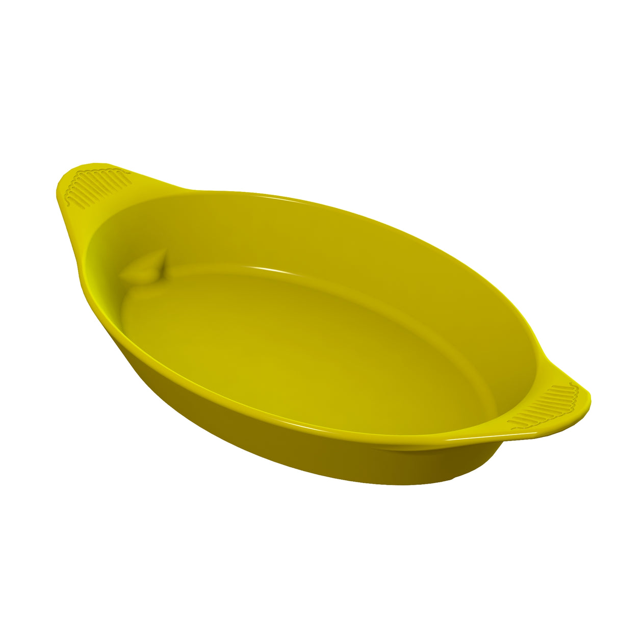 A bright yellow, oval-shaped plastic server dish with two handles on each end, each featuring a textured grip pattern. The dish is smooth inside and has a shallow depth, ideal for baking or cold holding food. The background is plain white.
