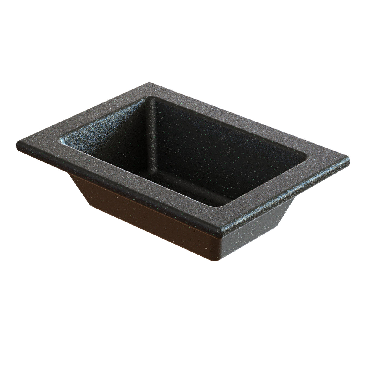 A black, rectangular Aurora Collection Food Pan with slightly flared sides and a wide rim. Made from Duracoat coated cast aluminum, this cold holding food pan has a textured surface and is photographed empty against a white background.