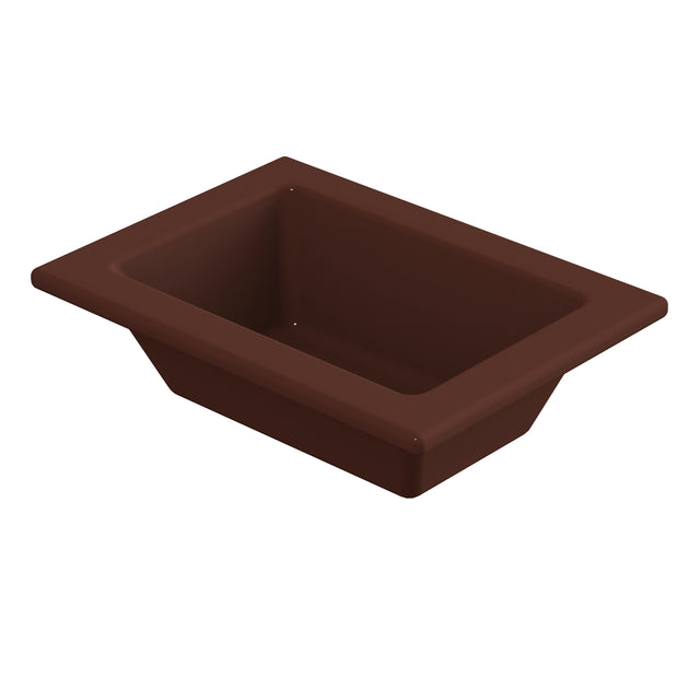 A deep, rectangular, brown plastic food pan with sloped sides and a wide rim, set against a plain white background. The bin appears sturdy and functional, ideal for cold holding, storage, food service, or industrial purposes.