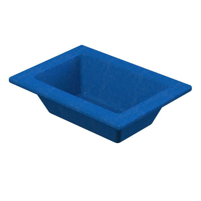 A rectangular, blue plastic food pan with sloped sides and a wide rim. The surface has a speckled texture, and the tray is empty, shown on a white background—ideal for cold holding applications.