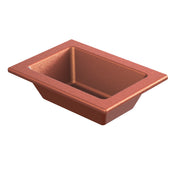 A rectangular, deep Aurora Collection Food Pan in metallic brown with slightly sloped sides and a wide rim. Made from Duracoat coated cast aluminum, this pan has a smooth, shiny surface for stylish cooking or serving food.