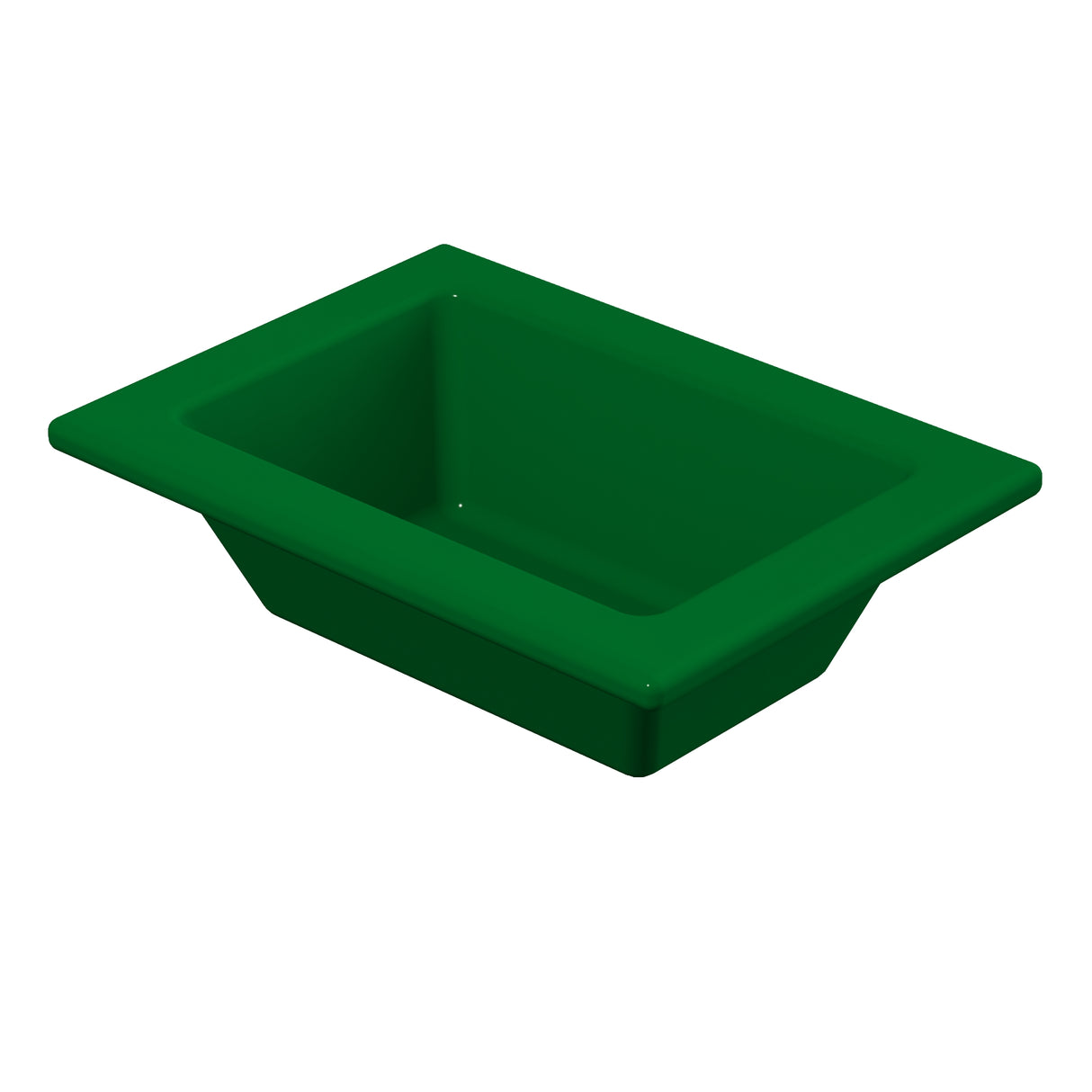 A deep green rectangular plastic food pan with sloped sides and a wide rim, viewed at an angle from above on a white background.