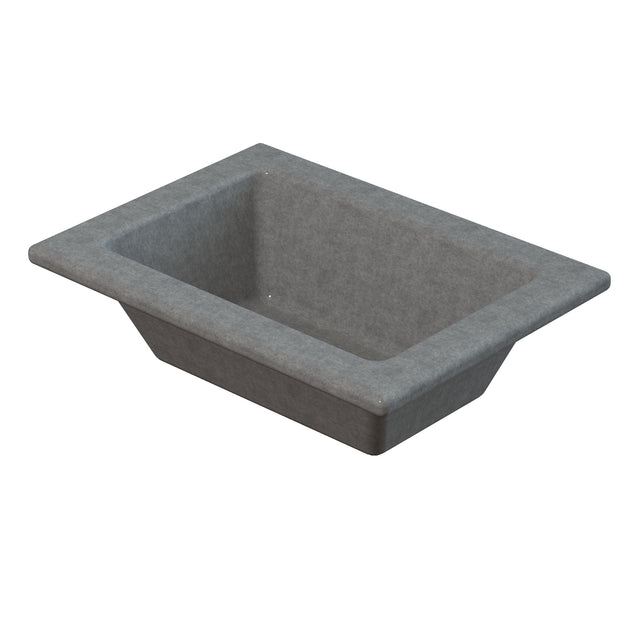 A rectangular, gray, cast aluminum sink basin with slightly sloped sides and a wide, flat rim. The smooth-textured basin resembles a food pan and has no visible fixtures or drain holes. The background is plain white.