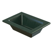 Rectangular, deep green cast aluminum serving tray with slanted sides and a wide, flat rim. The smooth, glossy surface resembles a food pan, offering a modern and functional look ideal for cold holding or stylish food presentation.