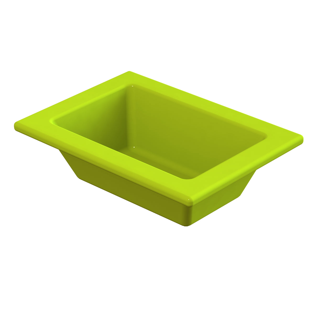 A bright green rectangular plastic bin with wide, angled sides and a flat rim, shown empty against a white background. This modern, simple design is ideal as a cold holding food pan for your kitchen or catering needs.