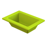 A bright green rectangular plastic bin with wide, angled sides and a flat rim, shown empty against a white background. This modern, simple design is ideal as a cold holding food pan for your kitchen or catering needs.