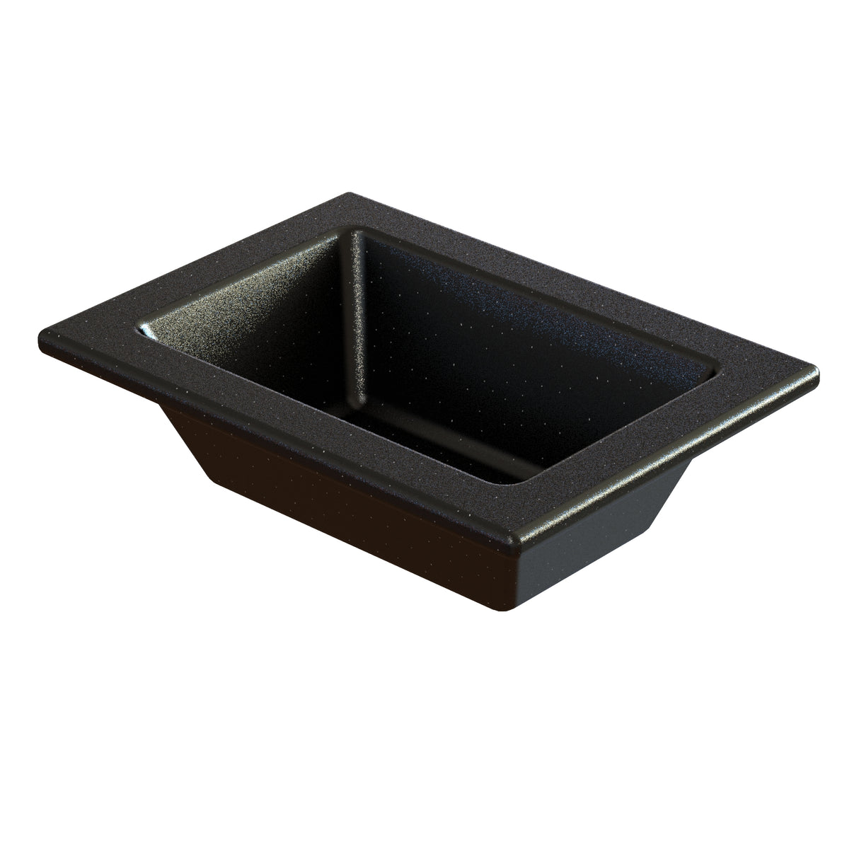 A rectangular, black, speckled Aurora Collection Food Pan with flared edges and slightly tapered sides, ideal for food storage or serving in commercial kitchens. The cold holding food pan has a smooth, glossy surface and is photographed on a white background.