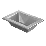 A rectangular stainless steel sink basin with smooth, angled sides and a wide rim, viewed from above and slightly to the side on a white background—resembling the sleek design of an Aurora Collection Food Pan. The surface appears clean and polished.