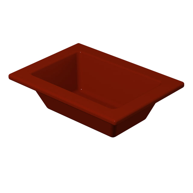 A rectangular, deep, red plastic food pan with angled sides and a wide rim sits on a white background. The tray appears empty and has smooth surfaces with slightly rounded edges.