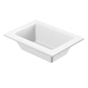 A rectangular, white, ceramic sink with smooth, straight edges and a slightly sloped basin. Inspired by minimalist designs like the Aurora Collection Food Pan, it features a wide rim and flat bottom, perfect for modern bathroom countertops.