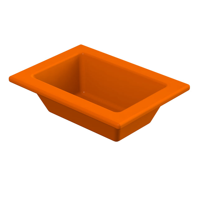 A rectangular, bright orange Aurora Collection Food Pan with sloped sides and a wide rim, shown against a white background. The tray appears sturdy and is empty, ideal as a cold holding food pan for storage or serving purposes.