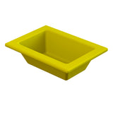 A rectangular, bright yellow food pan with angled sides and a wide rim, viewed from above at an angle against a white background. The tray has smooth edges and a glossy finish. Perfect for cold holding or food prep.