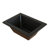 Rectangular, deep, speckled black sink with a wide flat rim and sloped sides, viewed at an angle from above. The cast aluminum design mimics stone and is perfect for kitchen or utility use, easily fitting food pans or assisting with cold holding needs.