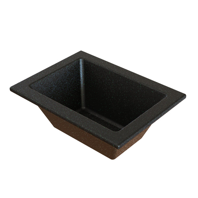 Rectangular, deep, speckled black sink with a wide flat rim and sloped sides, viewed at an angle from above. The cast aluminum design mimics stone and is perfect for kitchen or utility use, easily fitting food pans or assisting with cold holding needs.