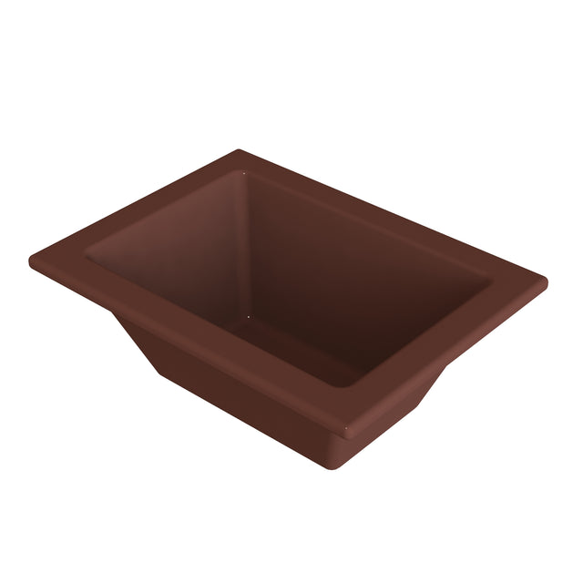 A rectangular brown tray from the Aurora Collection Food Pan line, featuring sloped sides and a wide rim. The deep, spacious interior is crafted from Duracoat coated cast aluminum, perfect for stylish cold holding food pan presentations.