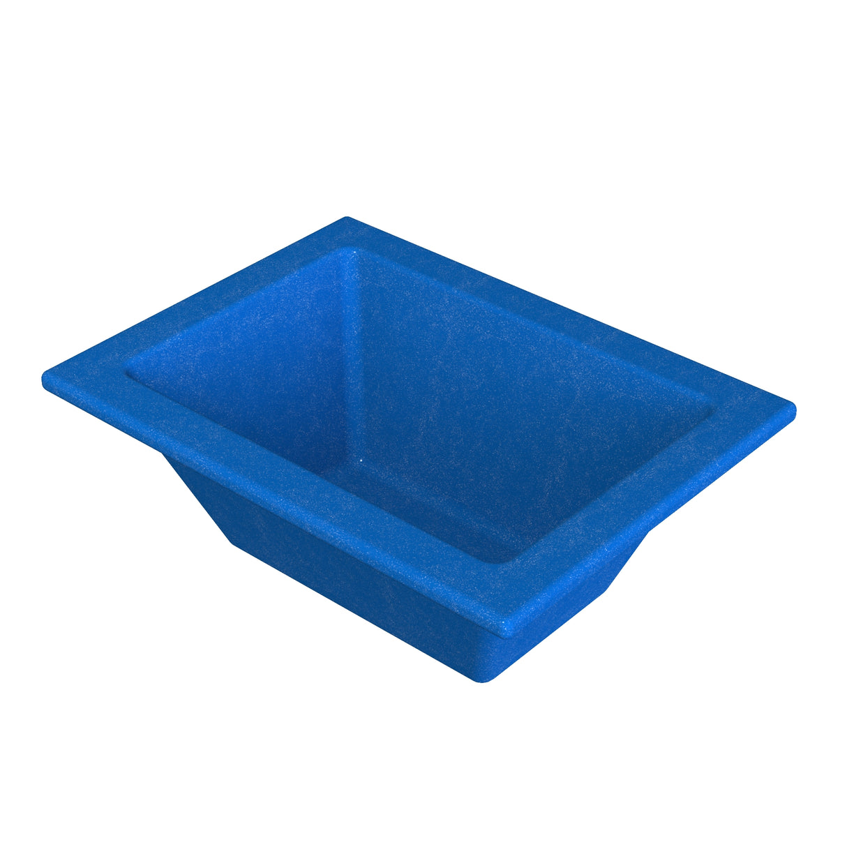 A blue, rectangular Aurora Collection Food Pan with slanted sides and a wide rim. Made of Duracoat coated cast aluminum, this cold holding food pan features a slightly speckled texture and sits empty on a white background.