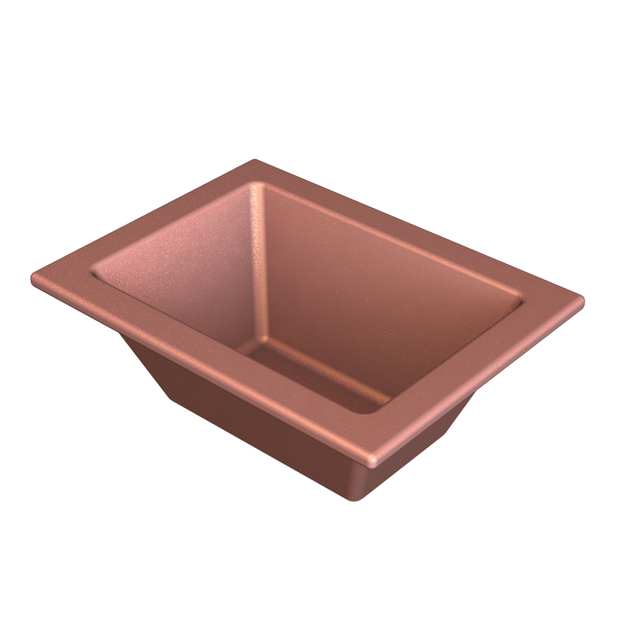 A rectangular, copper-colored Aurora Collection Food Pan with sloped sides and a wide rim is viewed from above on a white background. The smooth, shiny interior reflects light, giving this cold holding food pan a modern and elegant appearance.