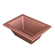 A rectangular, copper-colored Aurora Collection Food Pan with sloped sides and a wide rim is viewed from above on a white background. The smooth, shiny interior reflects light, giving this cold holding food pan a modern and elegant appearance.