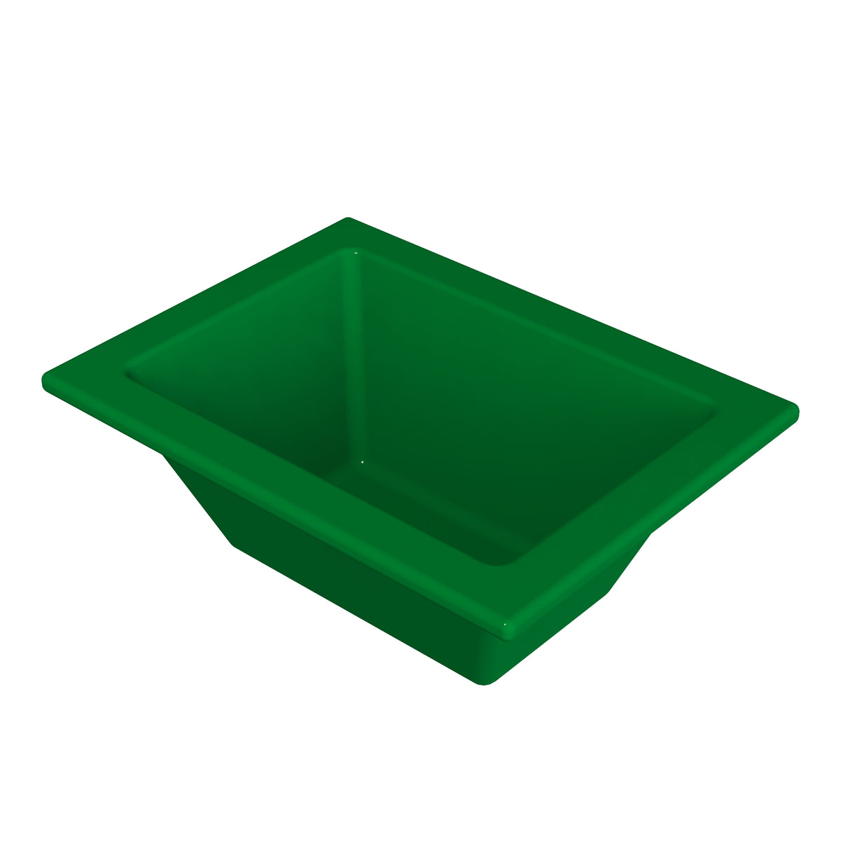A green, rectangular plastic bin with slightly sloped sides and a wide rim, ideal for cold holding. The empty bin is shown on a plain white background, viewed at an angle that displays both the interior and exterior.