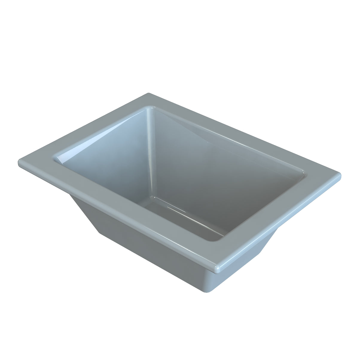 A rectangular, light gray Aurora Collection Food Pan with sloped sides and a flat rim, set against a plain white background. The bin appears empty and is shown angled slightly above to reveal its interior.