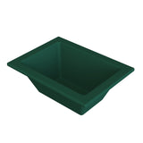 A dark green, rectangular plastic bin from the Aurora Collection Food Pan series features slanted sides and a wide rim. Shown empty on a white background, its angle highlights the depth and spacious interior ideal for cold holding food.