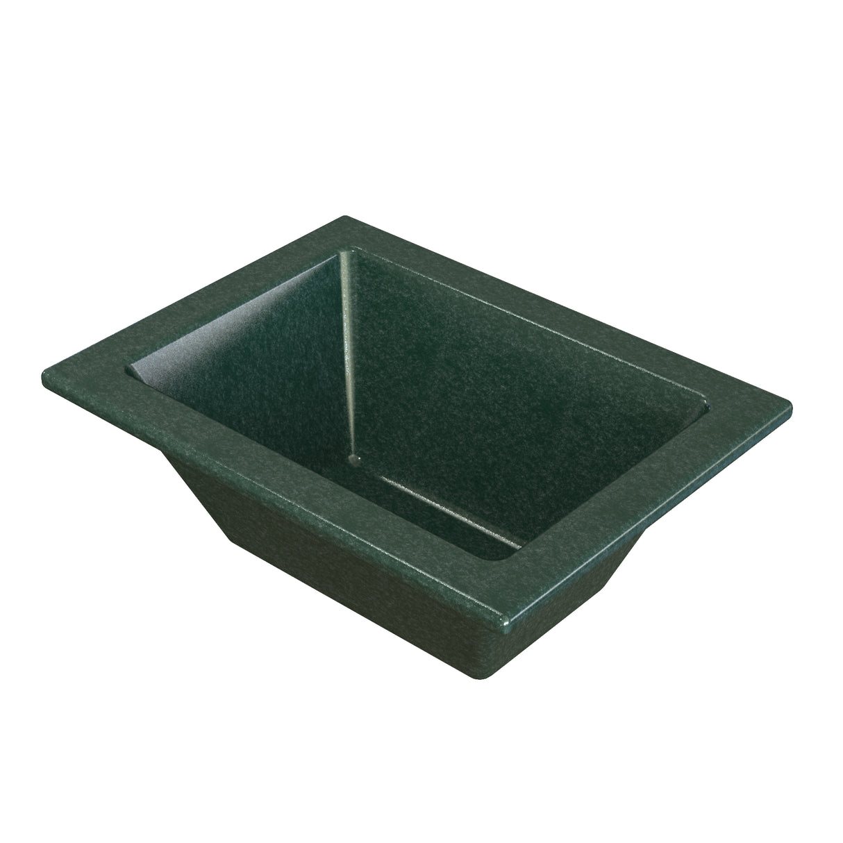 Rectangular, deep green granite sink with sloped sides and a wide rim, inspired by the Aurora Collection Food Pan. The surface has a subtle speckled texture and a smooth finish, shown at an angle on a white background.