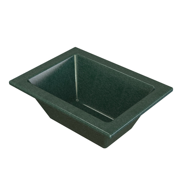 Rectangular, deep green granite sink with sloped sides and a wide rim, inspired by the Aurora Collection Food Pan. The surface has a subtle speckled texture and a smooth finish, shown at an angle on a white background.