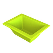 A bright lime green Aurora Collection Food Pan with sloped sides and a wide rim, shown on a white background and viewed from an angle above and to the side. The inside of this cold holding food pan is empty.