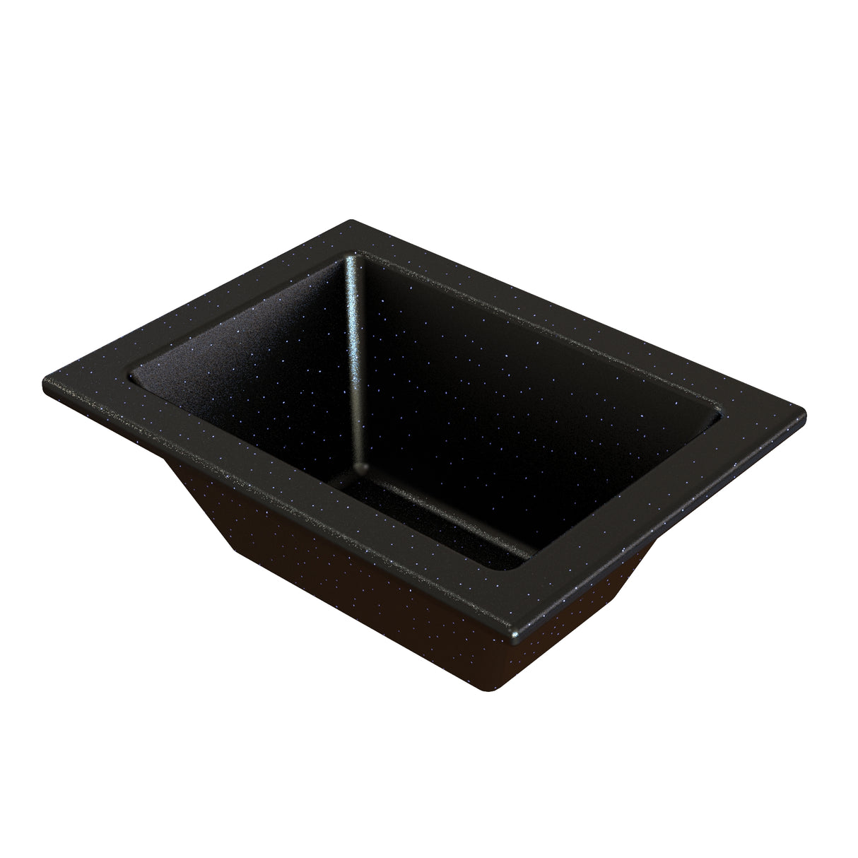 A rectangular, black speckled cold holding food pan with sloped sides and a wide rim, viewed from an angle against a white background. The Duracoat coated cast aluminum surface features a distinctive speckled pattern across the entire basin.