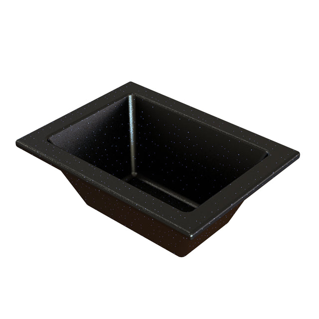 A rectangular, black speckled cold holding food pan with sloped sides and a wide rim, viewed from an angle against a white background. The Duracoat coated cast aluminum surface features a distinctive speckled pattern across the entire basin.