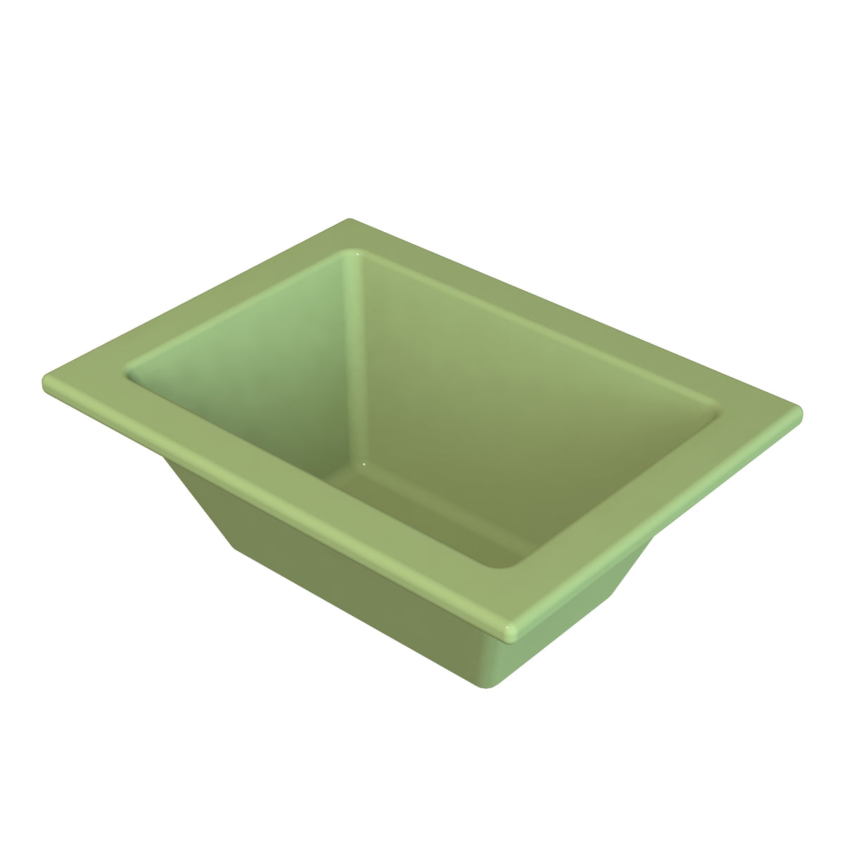 A rectangular, light green Aurora Collection food pan with sloped sides and a wide rim is shown on a white background. Viewed from an elevated angle, the cold holding food pan highlights its depth and smooth, glossy surface.
