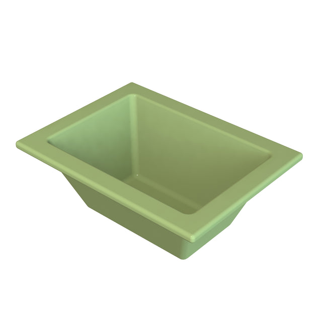 A rectangular, light green Aurora Collection food pan with sloped sides and a wide rim is shown on a white background. Viewed from an elevated angle, the cold holding food pan highlights its depth and smooth, glossy surface.