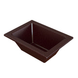 A rectangular, brown Aurora Collection Food Pan with slanted sides and a wide rim, set against a white background. This cold holding food pan is empty, featuring a smooth, slightly textured surface for buffets or salad bars.