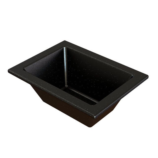 A rectangular, black speckled Aurora Collection Food Pan with angled sides and a wide rim. The Duracoat coated cast aluminum surface has a subtle dotted pattern, giving a granite-like appearance. The sink is empty against a plain white background.