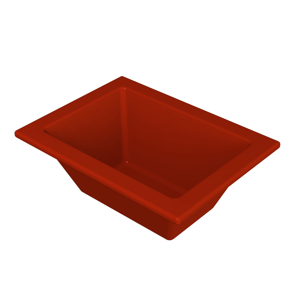 A deep, rectangular, red Aurora Collection Food Pan with slanted sides and a wide rim is shown on a white background. The empty bowl features a glossy, smooth surface ideal for cold holding and food presentation.