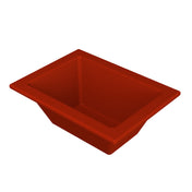 A deep, rectangular, red Aurora Collection Food Pan with slanted sides and a wide rim is shown on a white background. The empty bowl features a glossy, smooth surface ideal for cold holding and food presentation.