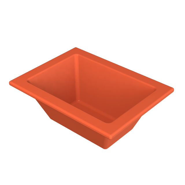 A rectangular, deep, orange Food Pan tray with slanted sides and a wide rim, set against a white background. The tray appears empty and is viewed from a slightly elevated angle, showing its depth and smooth surface. Great for cold holding.
