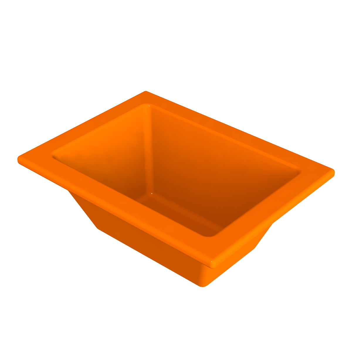 A bright orange, rectangular Aurora Collection Food Pan with angled sides and a wide rim is shown on a white background. This sturdy tray is perfect for holding food, art supplies, or other small items.