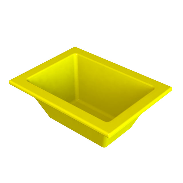 A rectangular, bright yellow Aurora Collection Food Pan with sloping sides and a flat rim, shown from an angled top view. The cold holding food pan is empty and set against a plain white background.