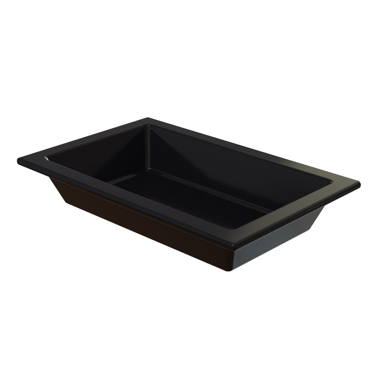 A rectangular, black cast aluminum food pan with a wide lip and slightly sloped sides. The glossy finish suggests durability, making it ideal for buffet or kitchen use. The background is plain white.