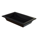 A rectangular, black cast aluminum food pan with a wide lip and slightly sloped sides. The glossy finish suggests durability, making it ideal for buffet or kitchen use. The background is plain white.