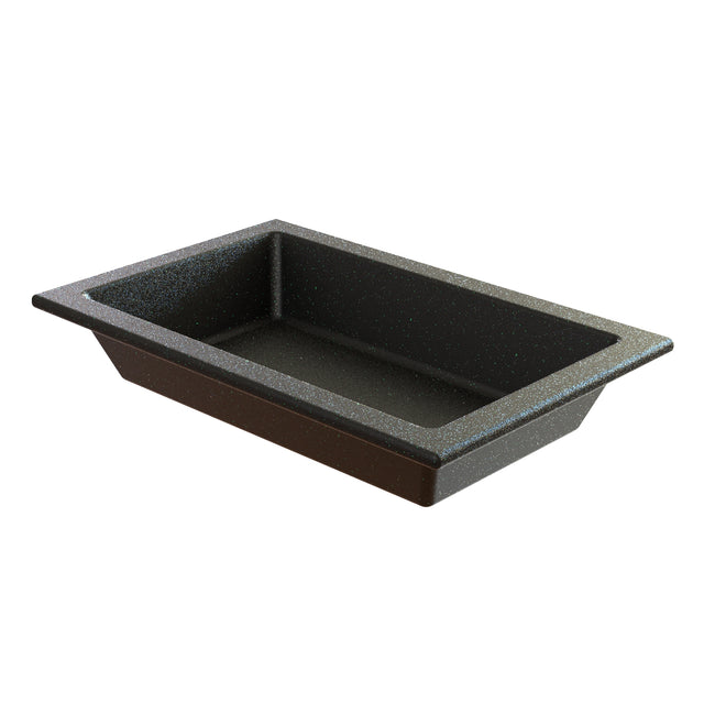 A rectangular, black, speckled Duracoat coated cast aluminum baking pan with slanted sides and a flat rim, shown on a white background. The pan appears empty and is ideal for cold holding or serving from the Aurora Collection Food Pan line.