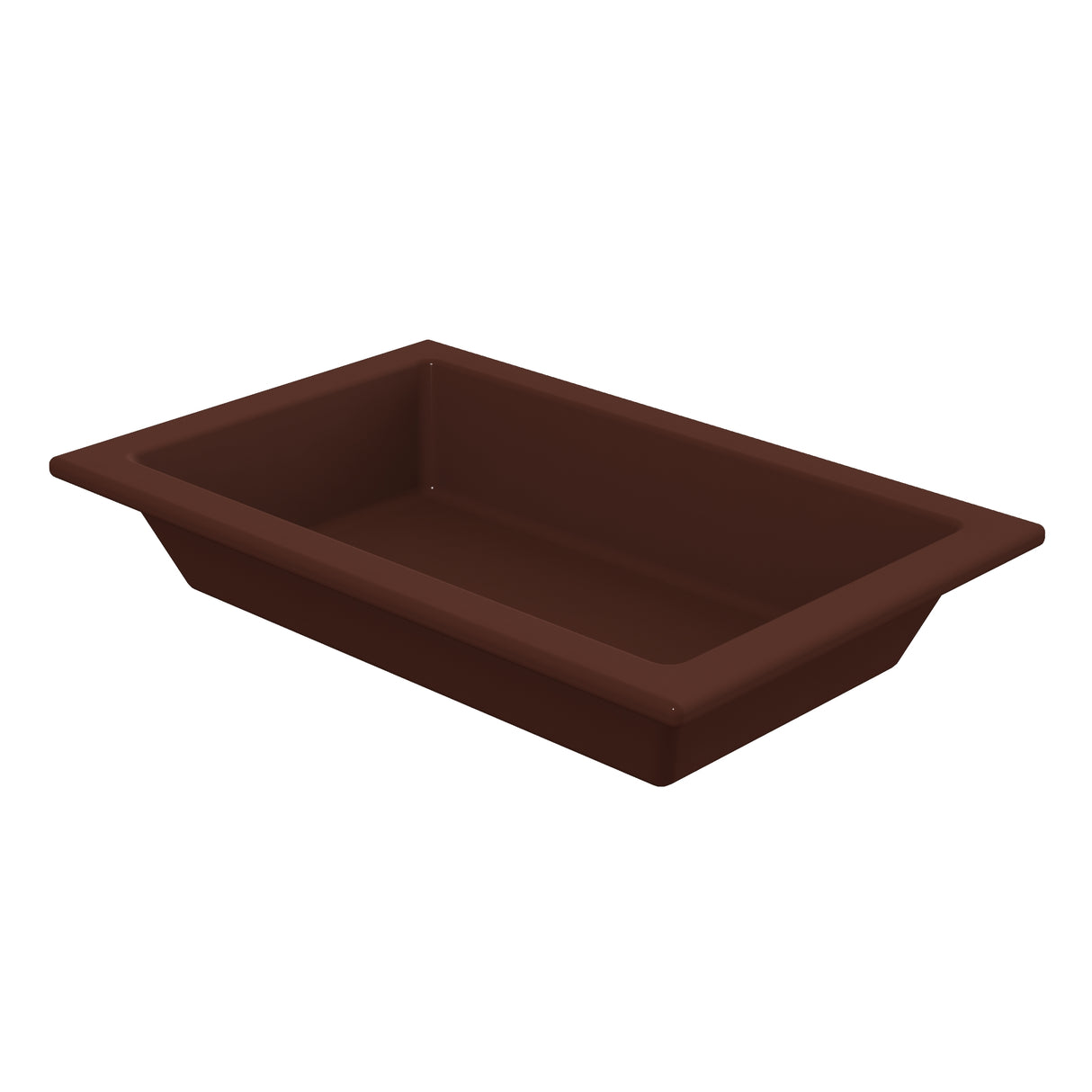 A rectangular, deep brown tray from the Aurora Collection Food Pan line with slightly angled sides and a wide, flat rim, viewed from an angle on a plain white background. The tray appears to be made of Duracoat cast aluminum or similar smooth material.