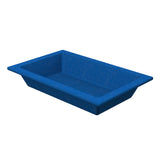 A rectangular, blue plastic tub from the Aurora Collection Food Pan line with slanted sides and wide edges, shown on a white background. The tub appears sturdy and is ideal for storage, mixing, or carrying materials.