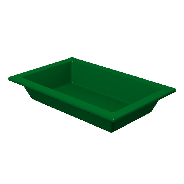 A rectangular, deep green Aurora Collection Food Pan with slanted sides and a wide, flat rim is shown empty on a white background. The simple, smooth design is ideal for cold holding.