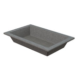 A rectangular, gray, shallow Aurora Collection Food Pan with slightly sloped sides and a wide rim. Made of sturdy, matte cast aluminum, this cold holding food pan has a smooth surface and sits empty against a plain white background.