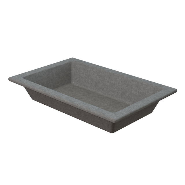A rectangular, gray, shallow Aurora Collection Food Pan with slightly sloped sides and a wide rim. Made of sturdy, matte cast aluminum, this cold holding food pan has a smooth surface and sits empty against a plain white background.