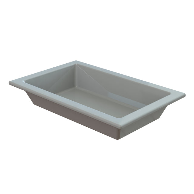 A rectangular, gray Aurora Collection Food Pan with angled sides and a flat bottom. Made from Duracoat coated cast aluminum, this tray features a wide rim and is displayed on a white background to showcase its depth and shape.