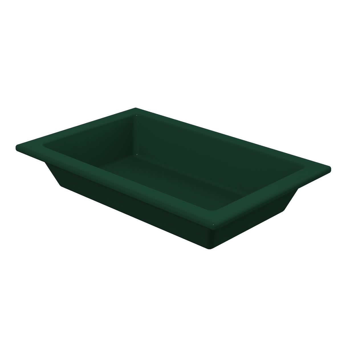 A deep green Aurora Collection Food Pan, crafted from Duracoat coated cast aluminum, with slightly angled sides and a wide flat rim. Shown empty on a white background from a slightly elevated angle, it highlights its depth and clean interior.