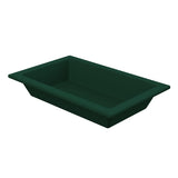 A deep green Aurora Collection Food Pan, crafted from Duracoat coated cast aluminum, with slightly angled sides and a wide flat rim. Shown empty on a white background from a slightly elevated angle, it highlights its depth and clean interior.